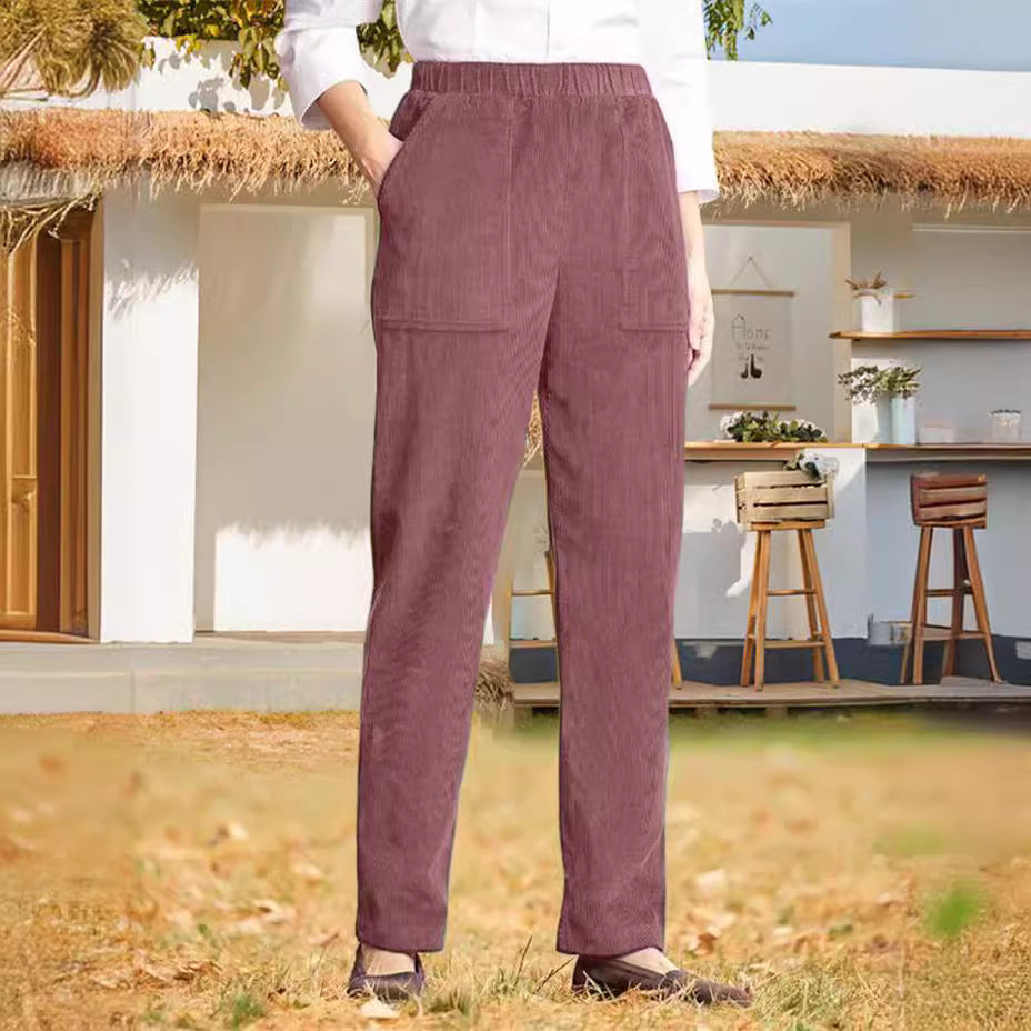 Women's Pure Color Elastic Waist Striped Straight Casual Pants