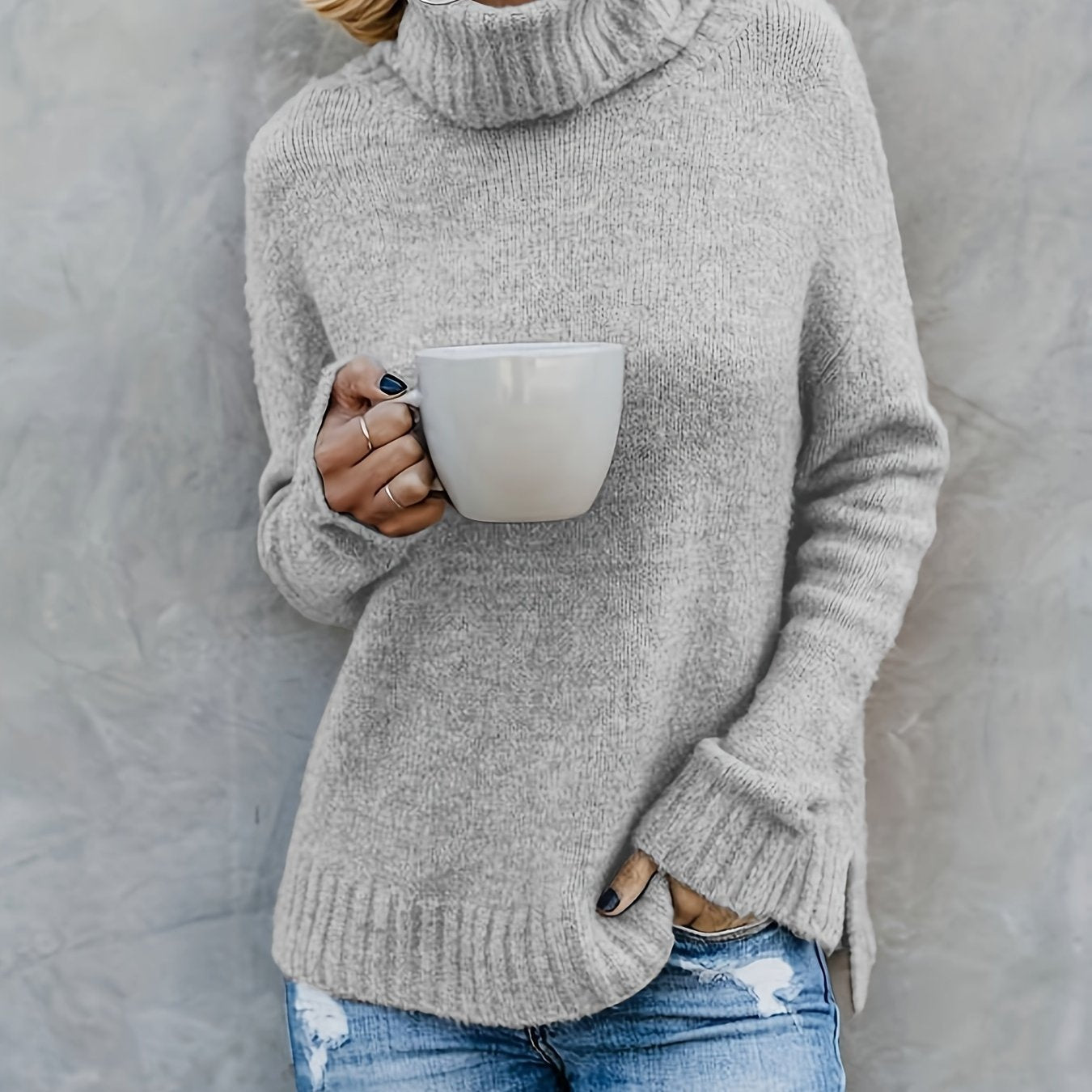 Europæisk og amerikansk langærmet rullekrave-sweater til kvinder i ensfarvet