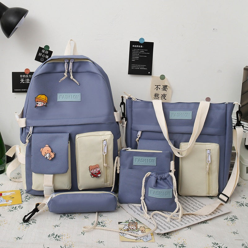 College Students' Backpack Five-piece Contrast Color Canvas School Bag