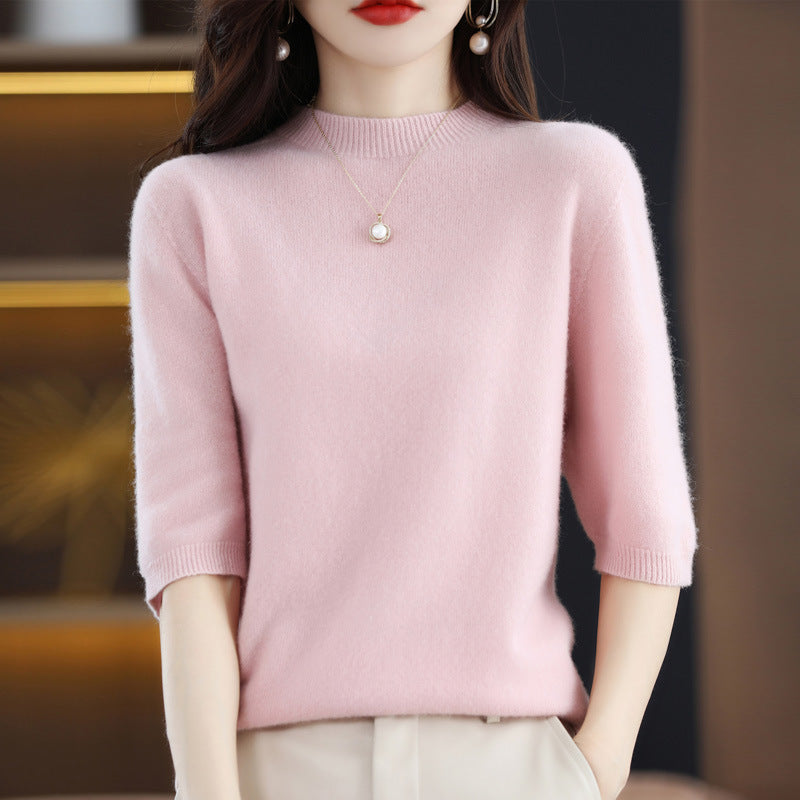 Pure Wool Women's Half Turtleneck Short Pullover Base Knitwear Three-quarter Sleeve Sweater