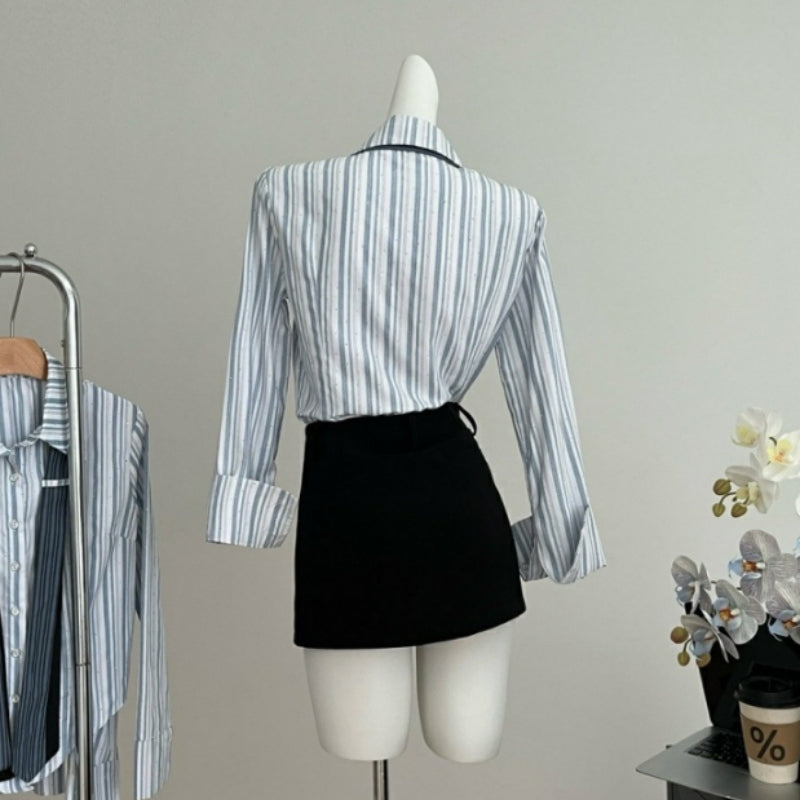 Preppy Style Double Tie Bell Sleeve Lapel Shirt