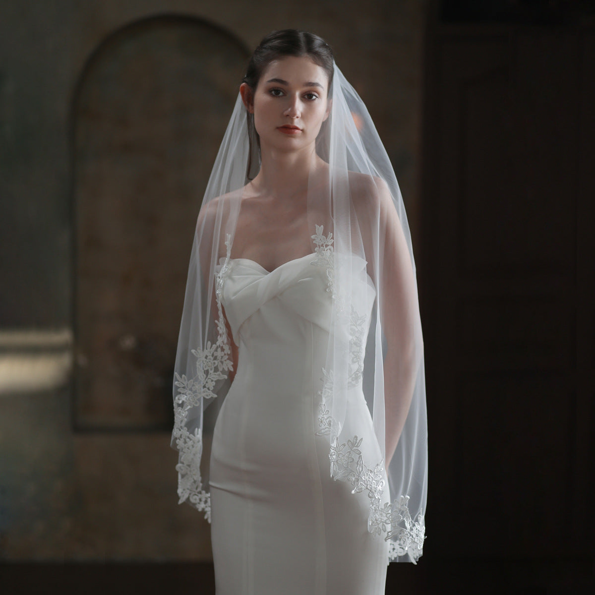European And American Bride Veil Women's White Single Layer Lace Headdress