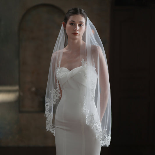 European And American Bride Veil Women's White Single Layer Lace Headdress