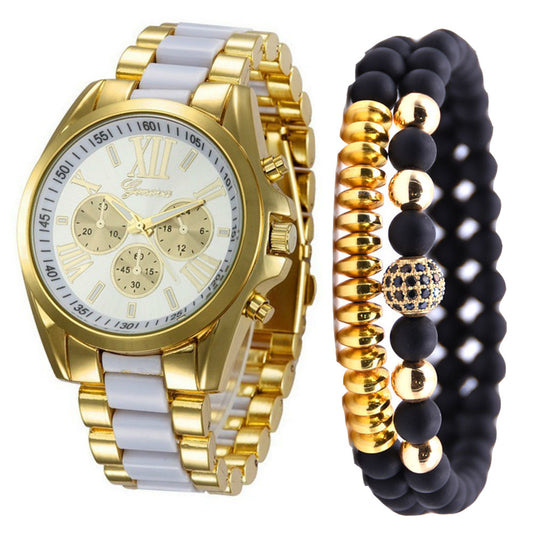 Fashionable Simple Fake Three Eyes Steel Band Quartz Watch Send Bracelet