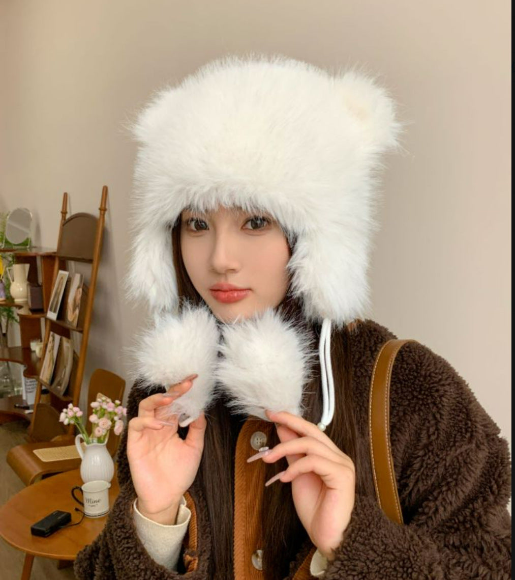 Winter Earflaps Thick Plush Women Cute Bear Ears Hanging Ball Thermal Head Cover Beanie Hat