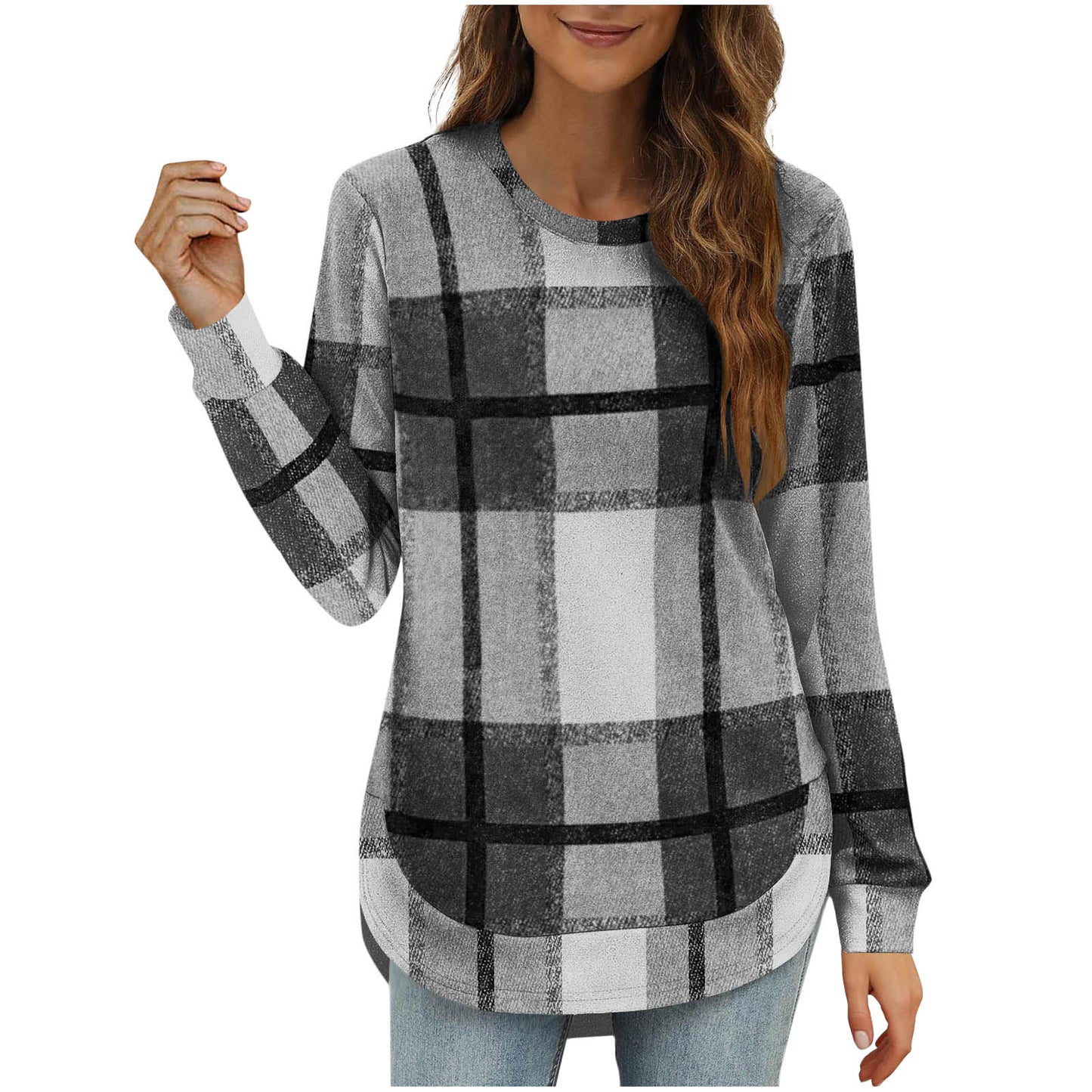 Women's Casual Loose Plaid Long Sleeve Round Neck Irregular Bottoming Shirt Top