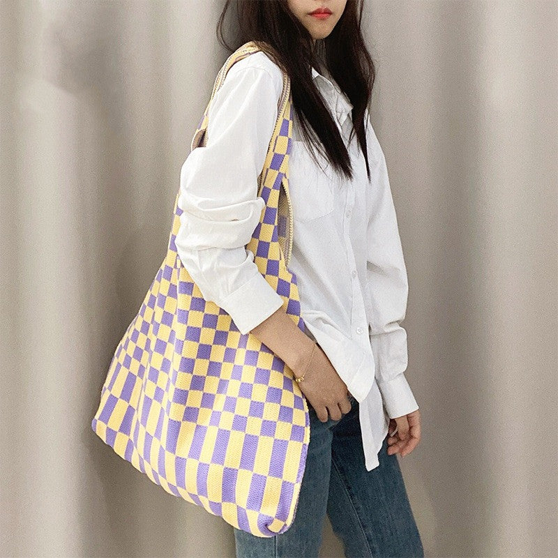 Women's Simple Checkerboard Shoulder Knitted Bag Large Capacity