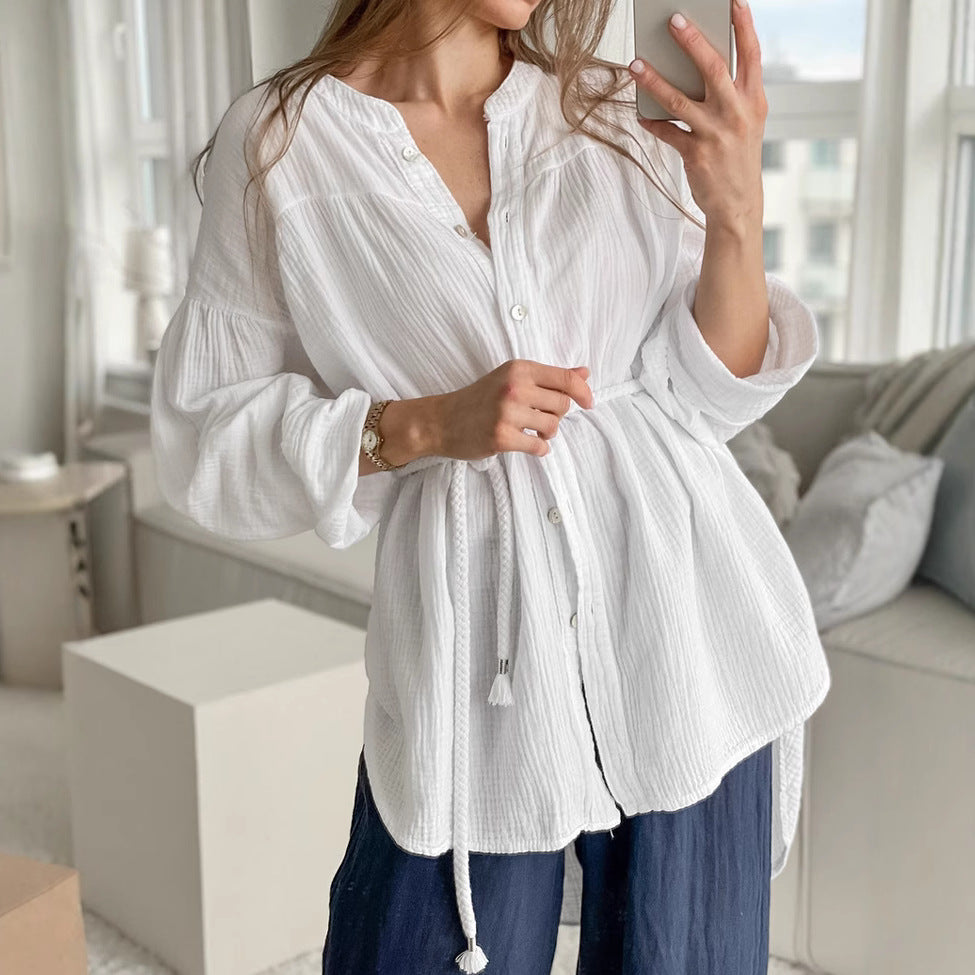 White Cotton Bubble Crepe Belt Small Stand Collar Shirt