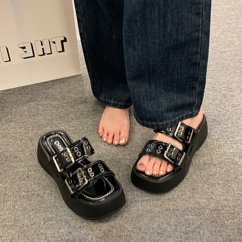 Flat Toe Ring Word Platform Slippers
