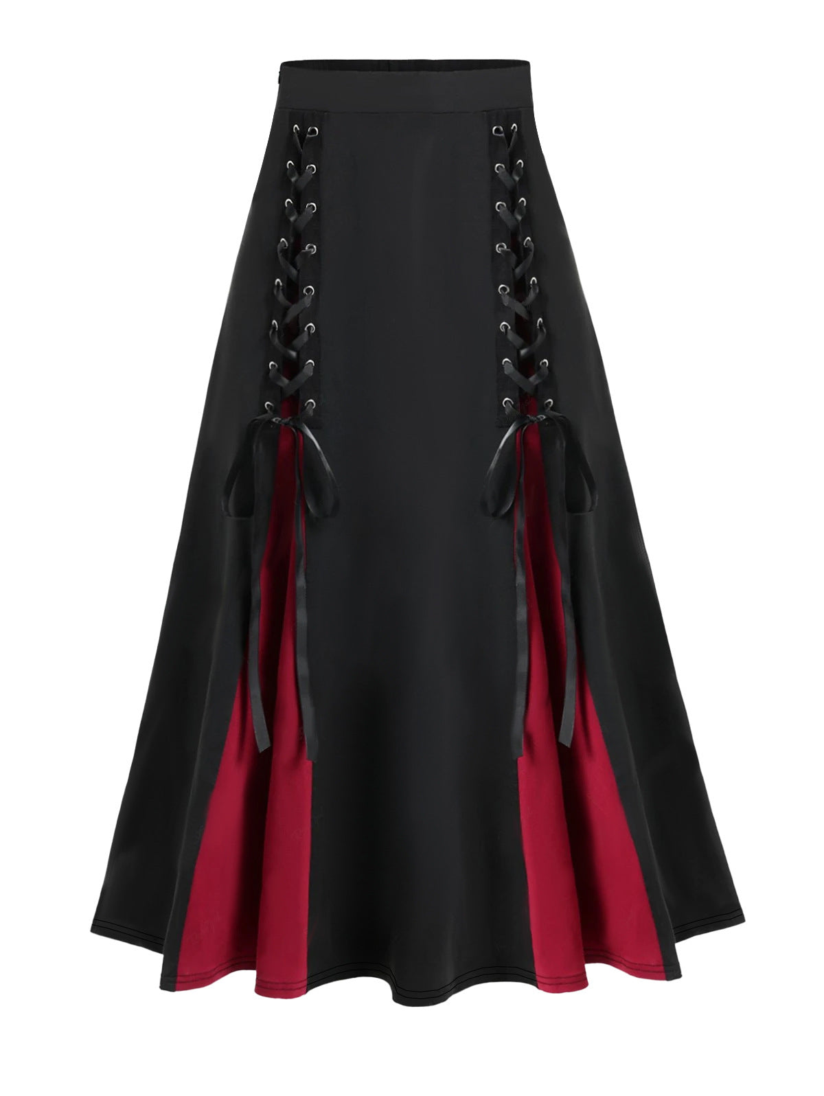 Womens Color-Block High-Waisted Skirt With Buttonholes And Lace-Up Details