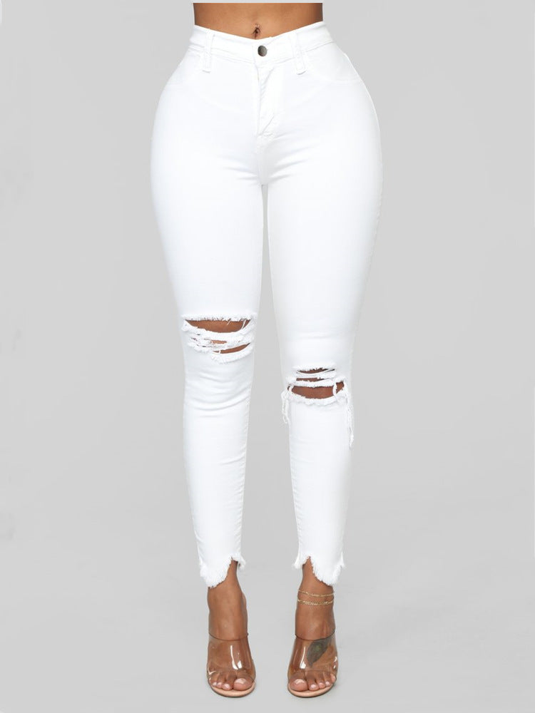 ripped solid denim long pants