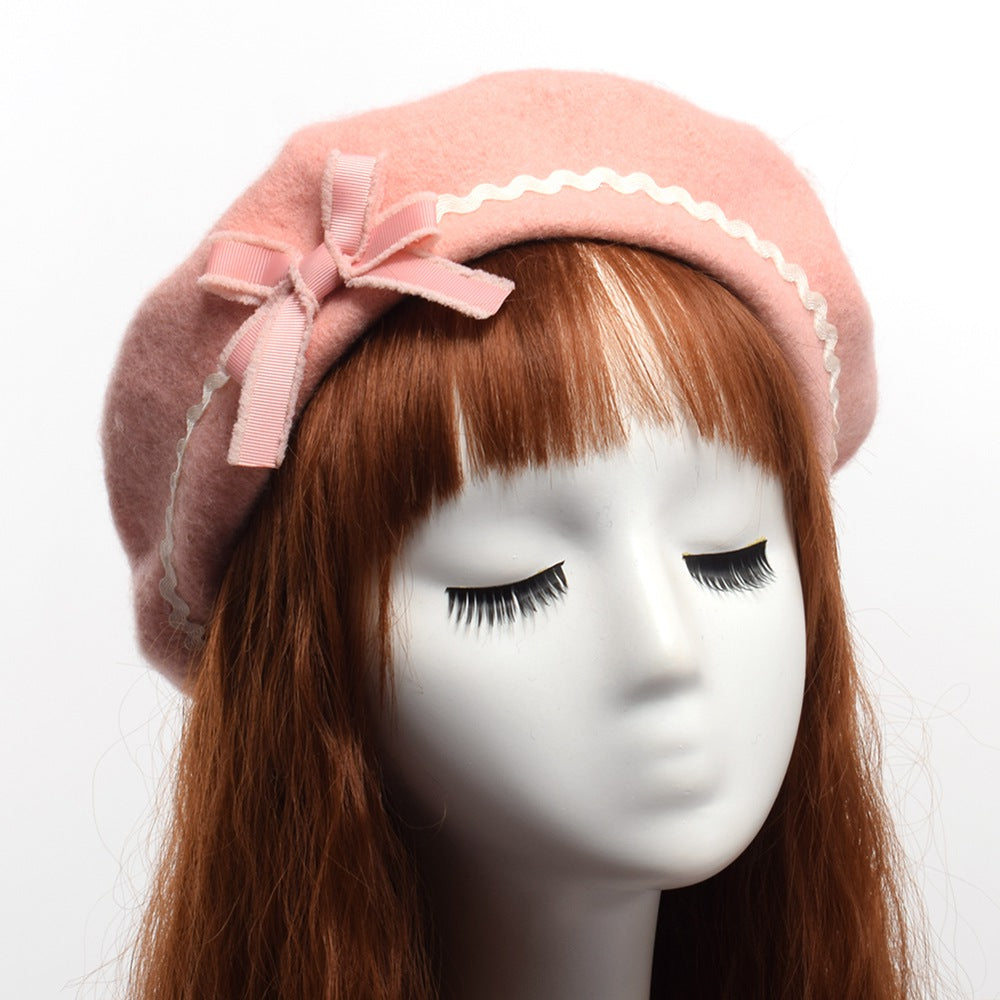 Fashion Japanese JK Lolita Wavy Bow Furball Beret