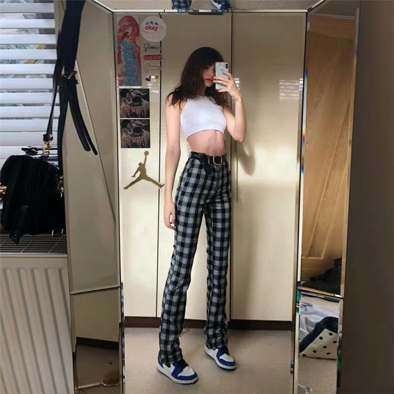 Black and white lattice slim casual pants