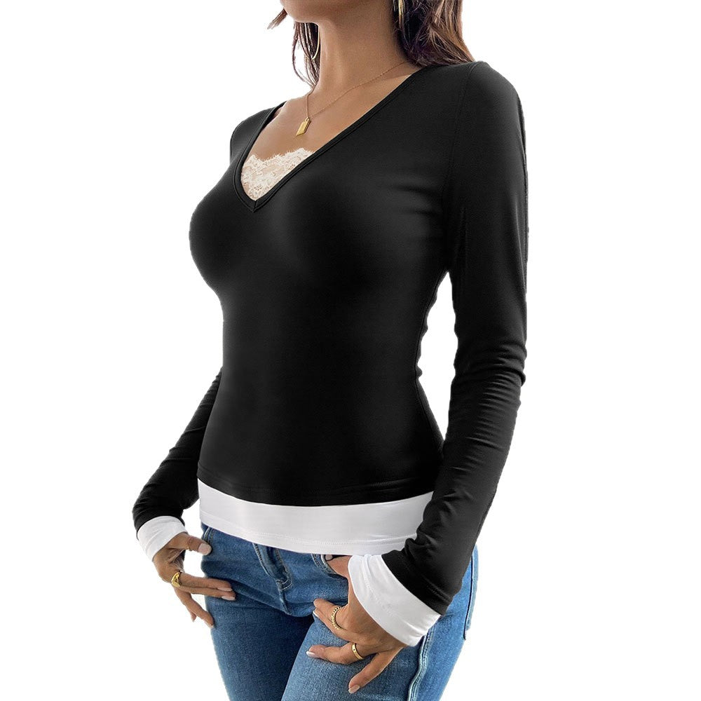 Autumn And Winter Pure Desire Style Sexy V-neck Long Sleeve Color-blocking Fake Two-piece Waist-cinching Top