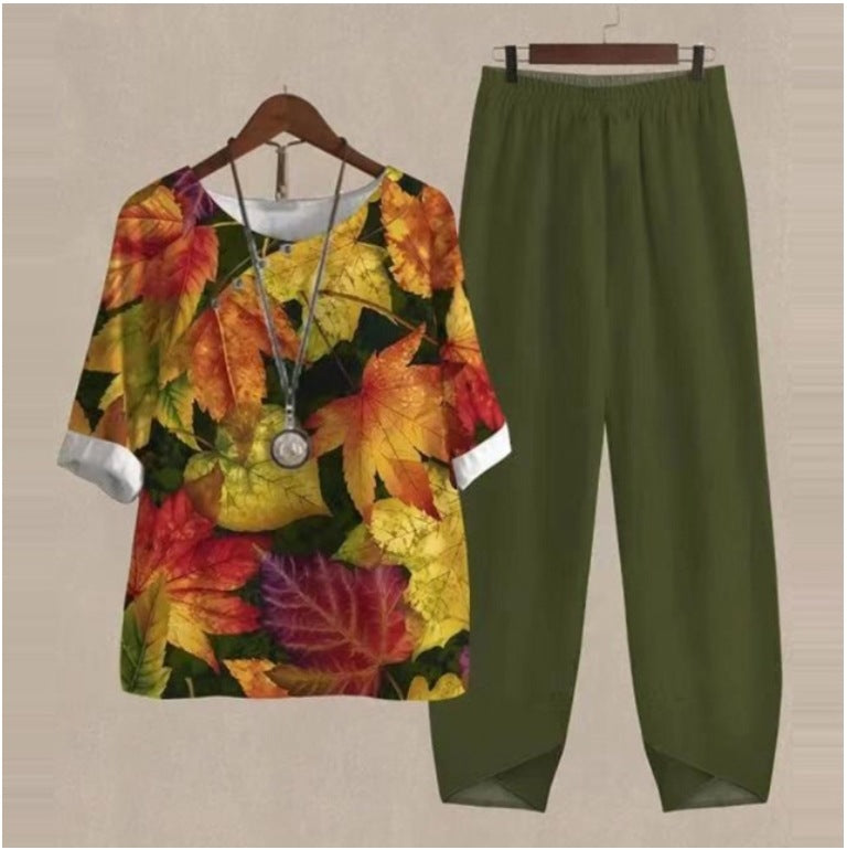 New Women's Five-quarter Sleeve Printed Top Two-piece Pants