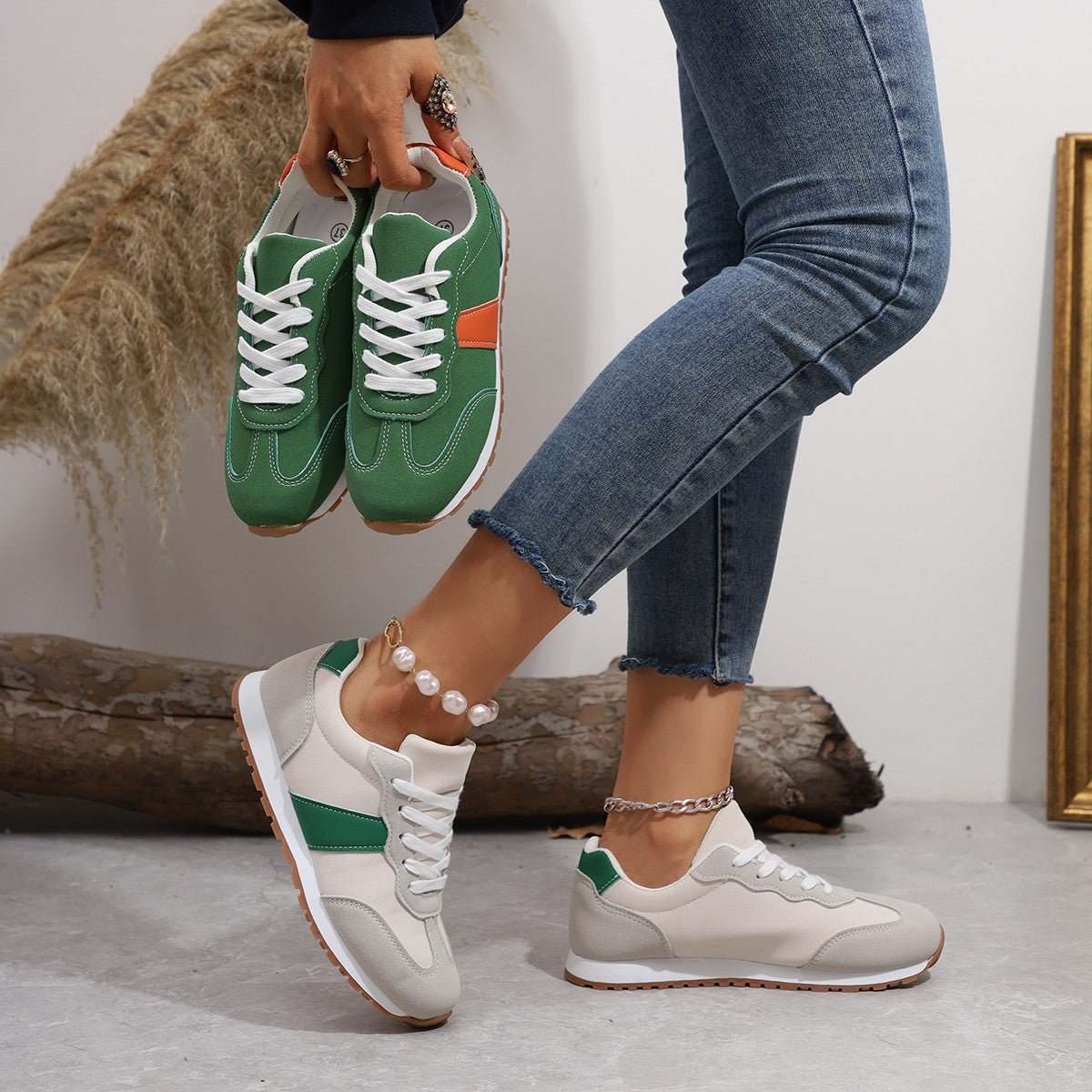 Womens Round-toe Lace-up Casual Thick-soled Elevating Sneakers
