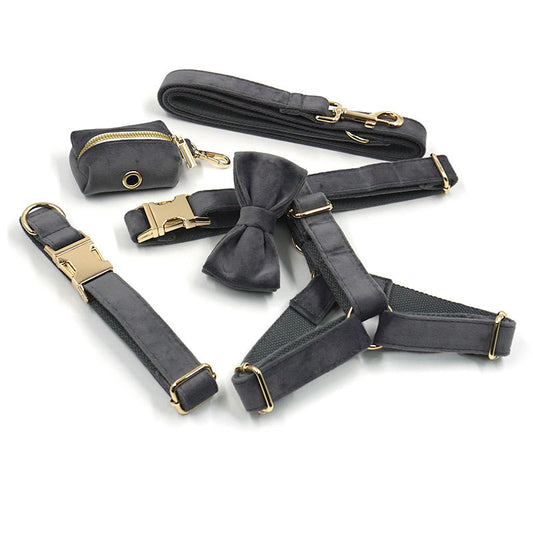 Dark Grey Velvet Pet Collar Leash