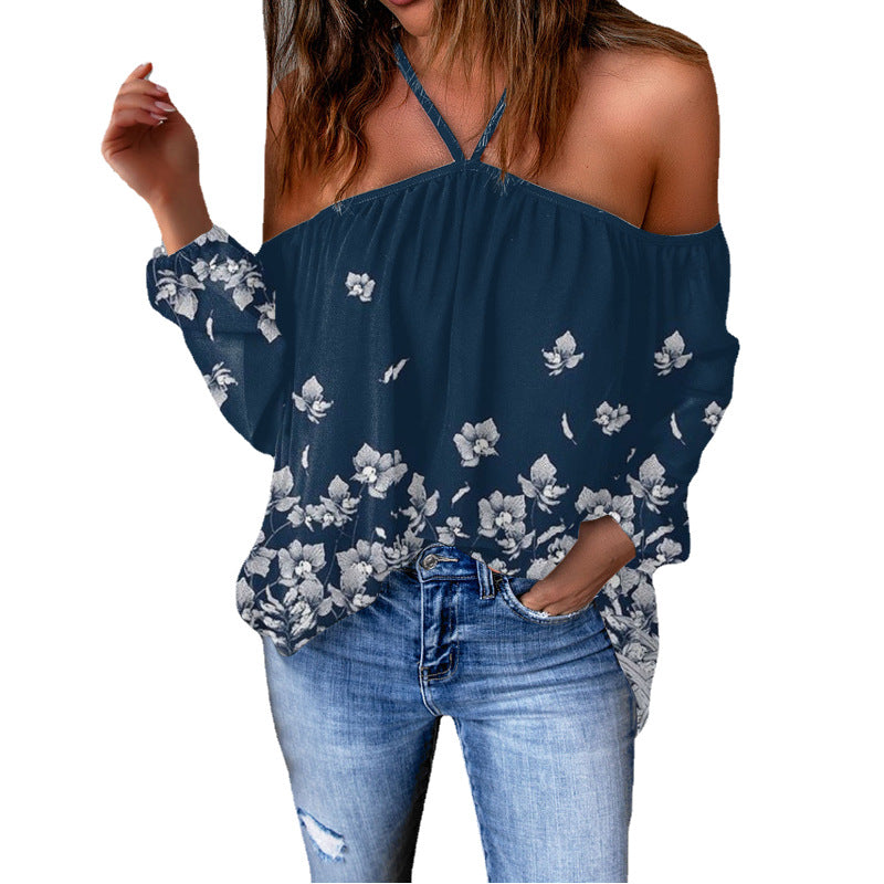 Long-Sleeve Top Arrival Loose T-Shirt With A Strappy Neck Design And Print Pattern