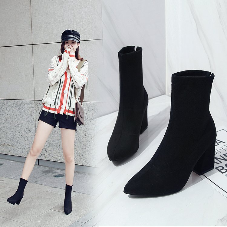 Black suede pointed toe heel high heel ankle boots
