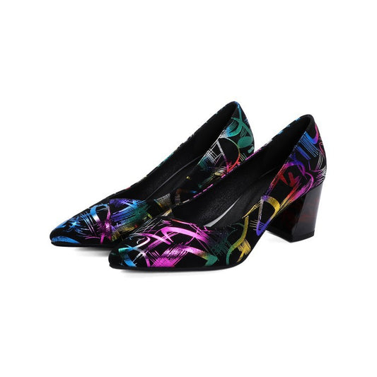 Fashion thick heel leather shallow pointed toe single shoes women