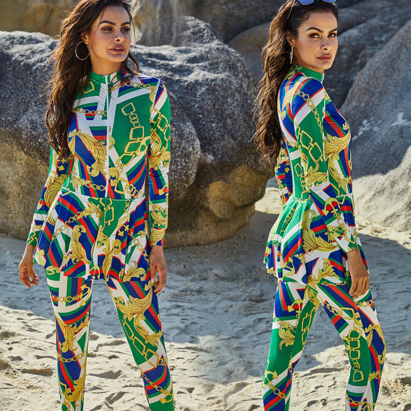 Womens Printed High-Neck Long-Sleeve Sun-Protective One-Piece Swimsuit