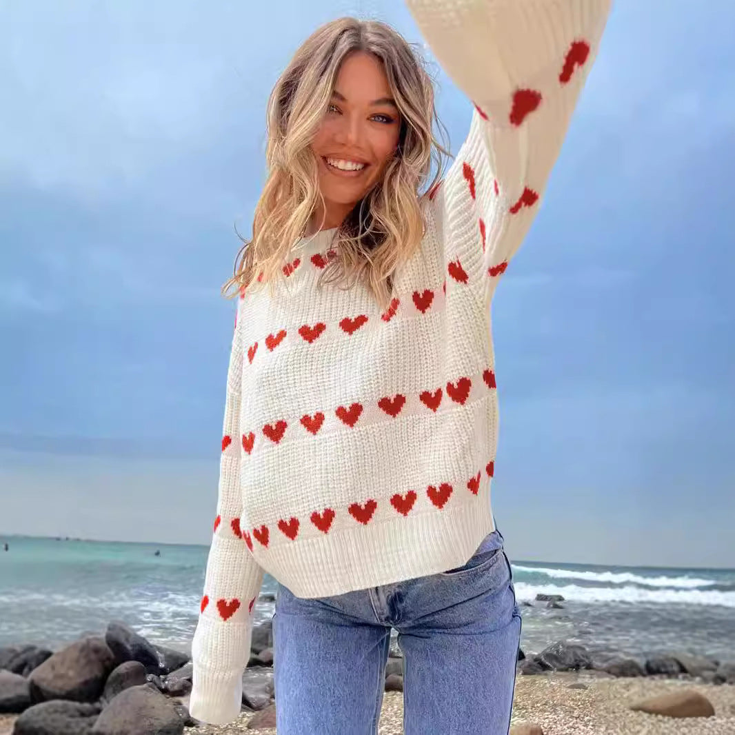 Sweet Cute Love Heart Two-tone Jacquard Contrast Color Round Neck Long Sleeve Sweater