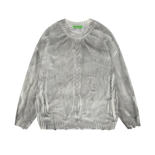 Distressed Dirty Round Neck Men's Spring And Autumn Sunken Stripe Twist Crocheted Ripped Pullover Sweater