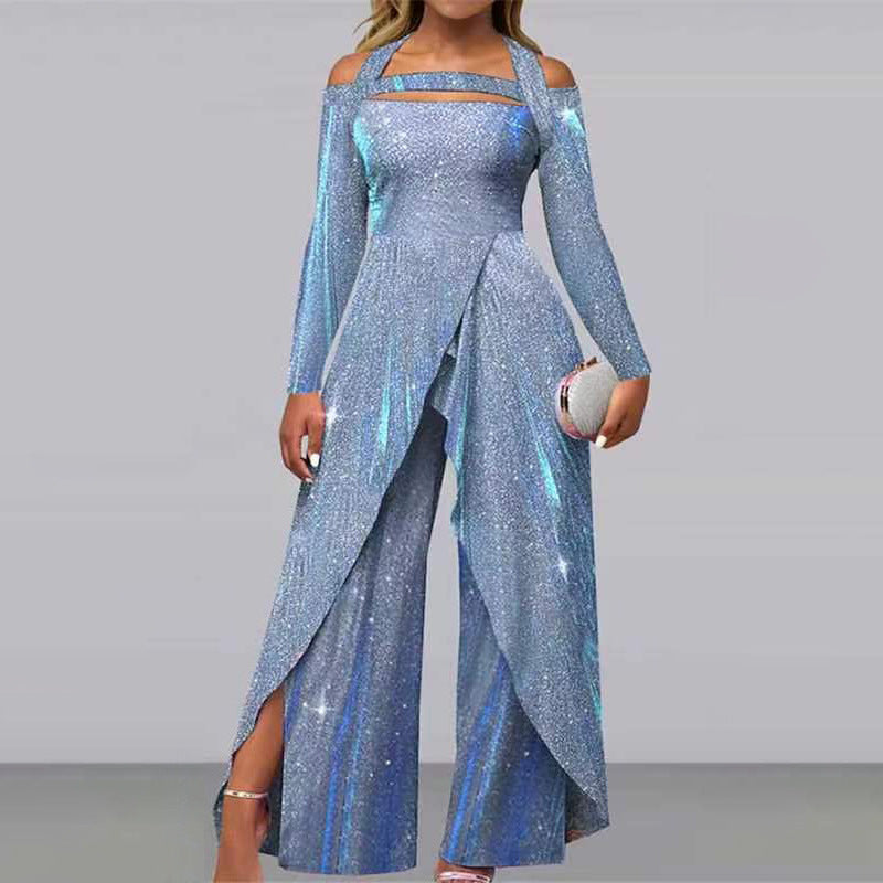 Europæisk og amerikansk mode sexet pailletlang nederdel diagonalt talje temperament pendler jumpsuit