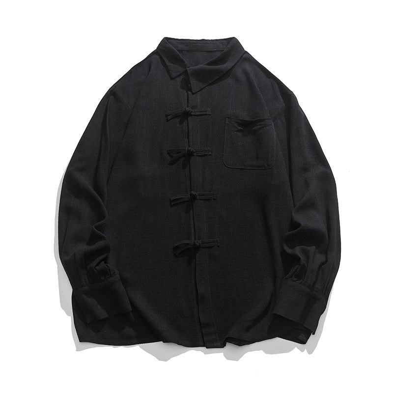 Vintage Linen Men's Casual Long-sleeved Shirt Oversized Frog Button Hanfu