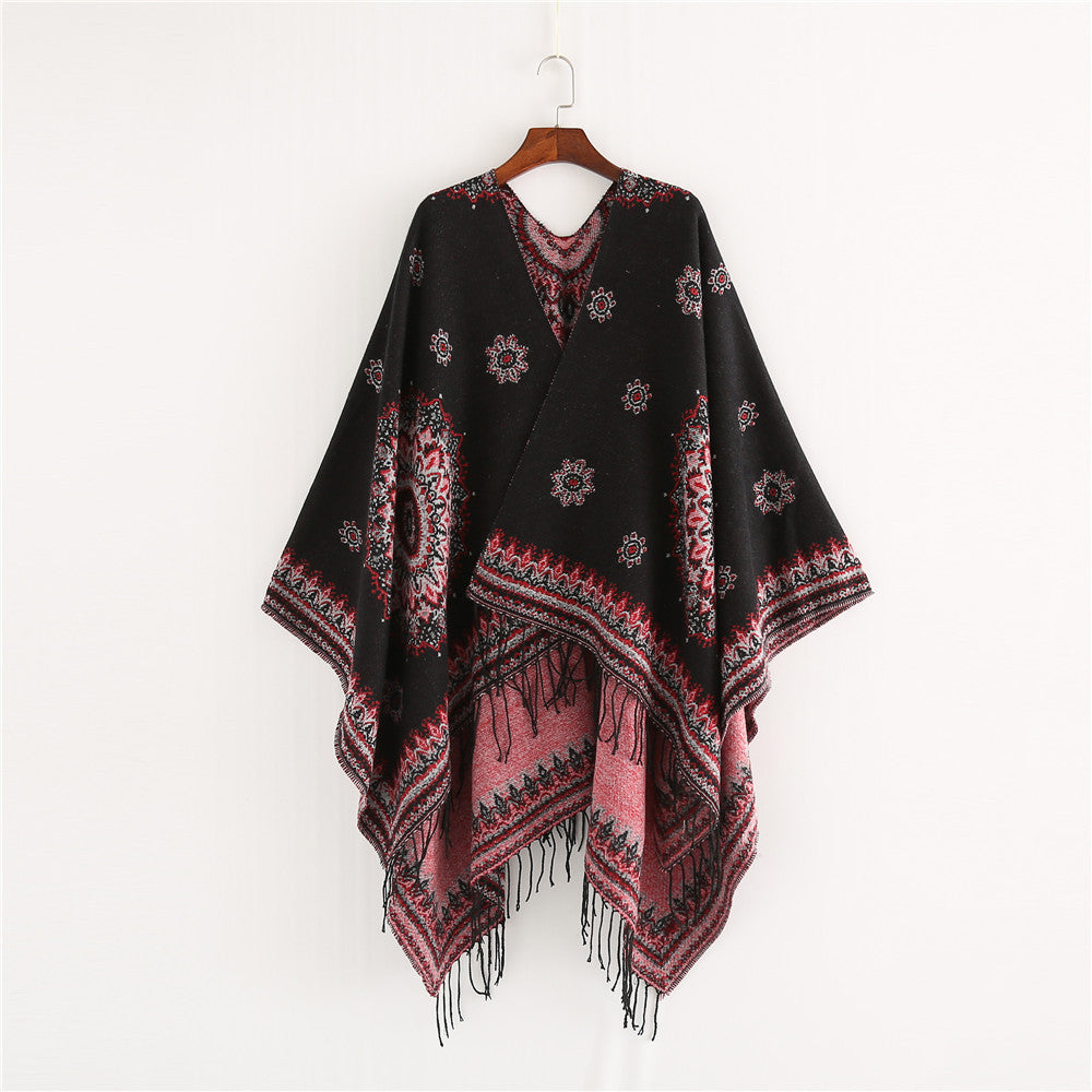 Geometric double-sided printed tassel split cloak