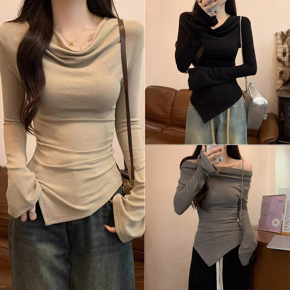 New Slim-fit, Sexy, Asymmetrical Long-sleeve Top