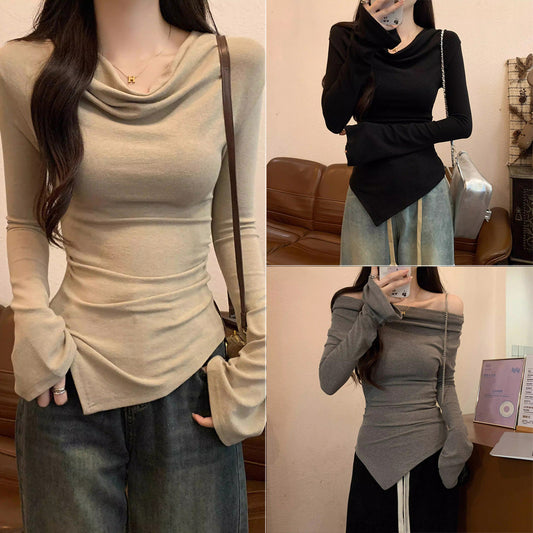 New Slim-fit, Sexy, Asymmetrical Long-sleeve Top