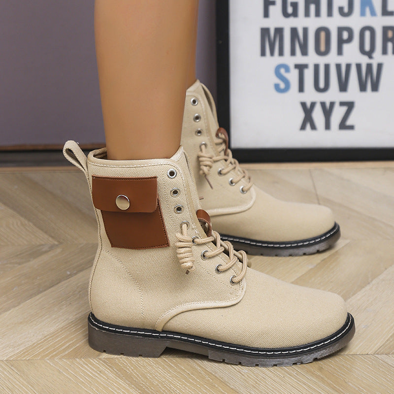 Autumn And Winter Low-heeled Lace-up Leopard Print Fleece Snow Boots