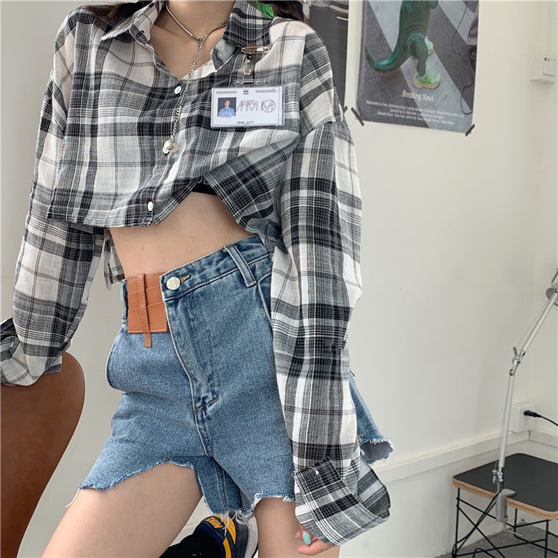Long Sleeve Plaid Shirt + Irregular Ripped Jeans