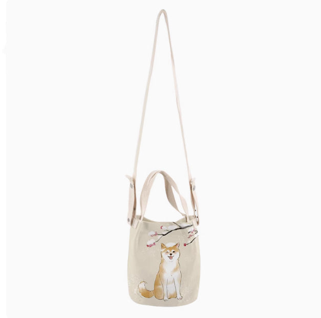 Japanese Ink Painting Cute Shiba Inu Canvas Small Bucket Bag
