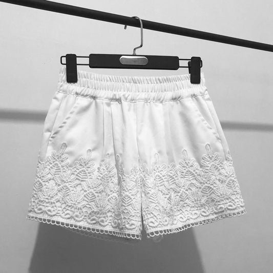 Lace Stitching Shorts Women'S Spring And Summer Casual Pants Large Size Thin Straight Wide-Leg Pants