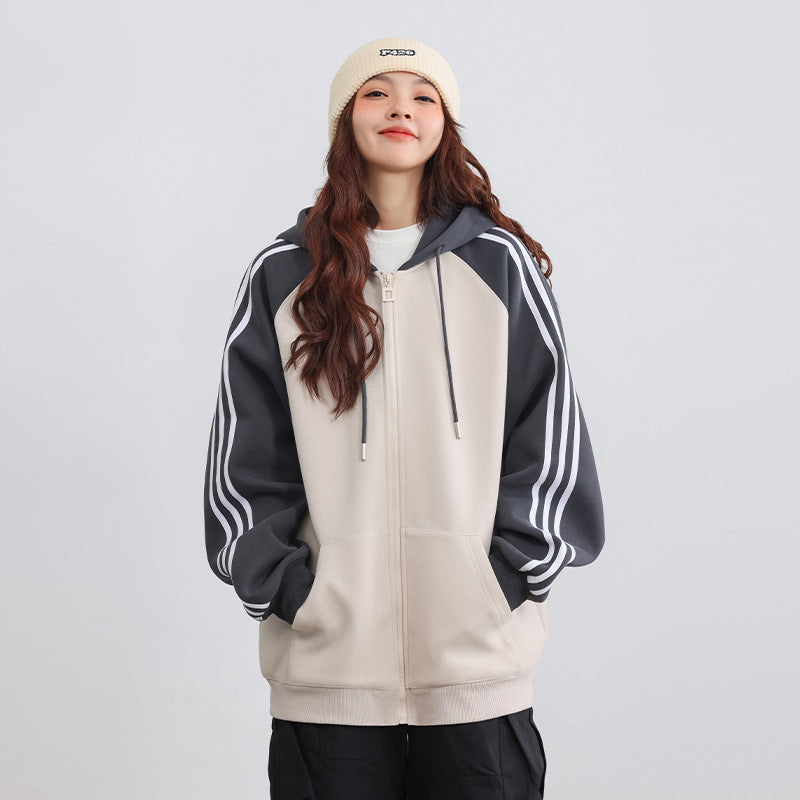 American Retro Hooded Sweater Women's Contrast Color