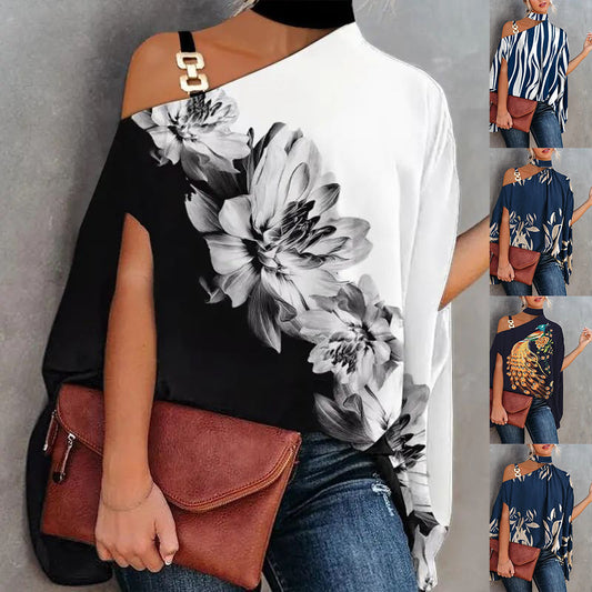 Wear Halter Shawl Printed Elegant Short Sleeve Bat Shirt