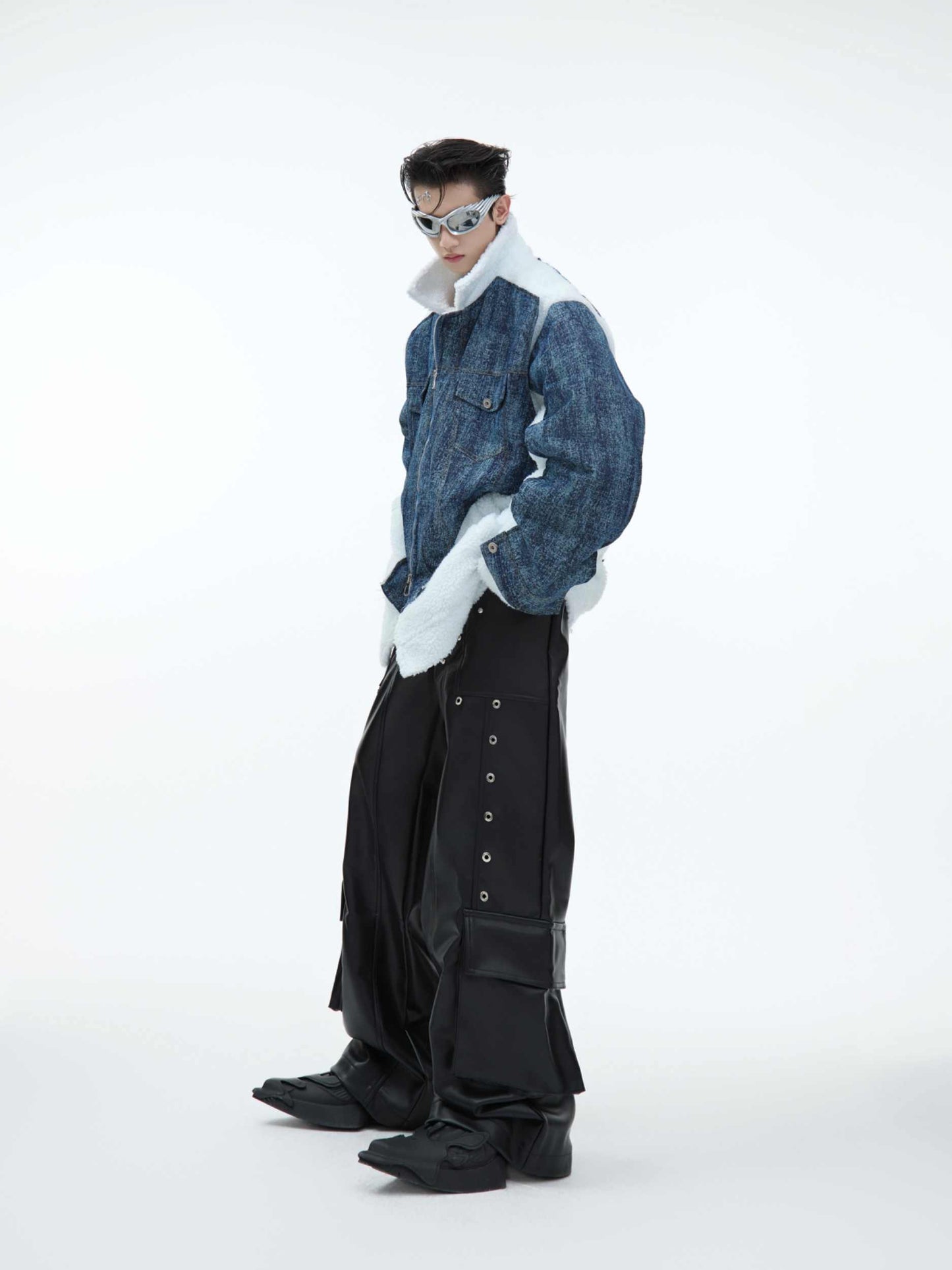 Lambswool Stitching Denim Fake Two-pieces Coats