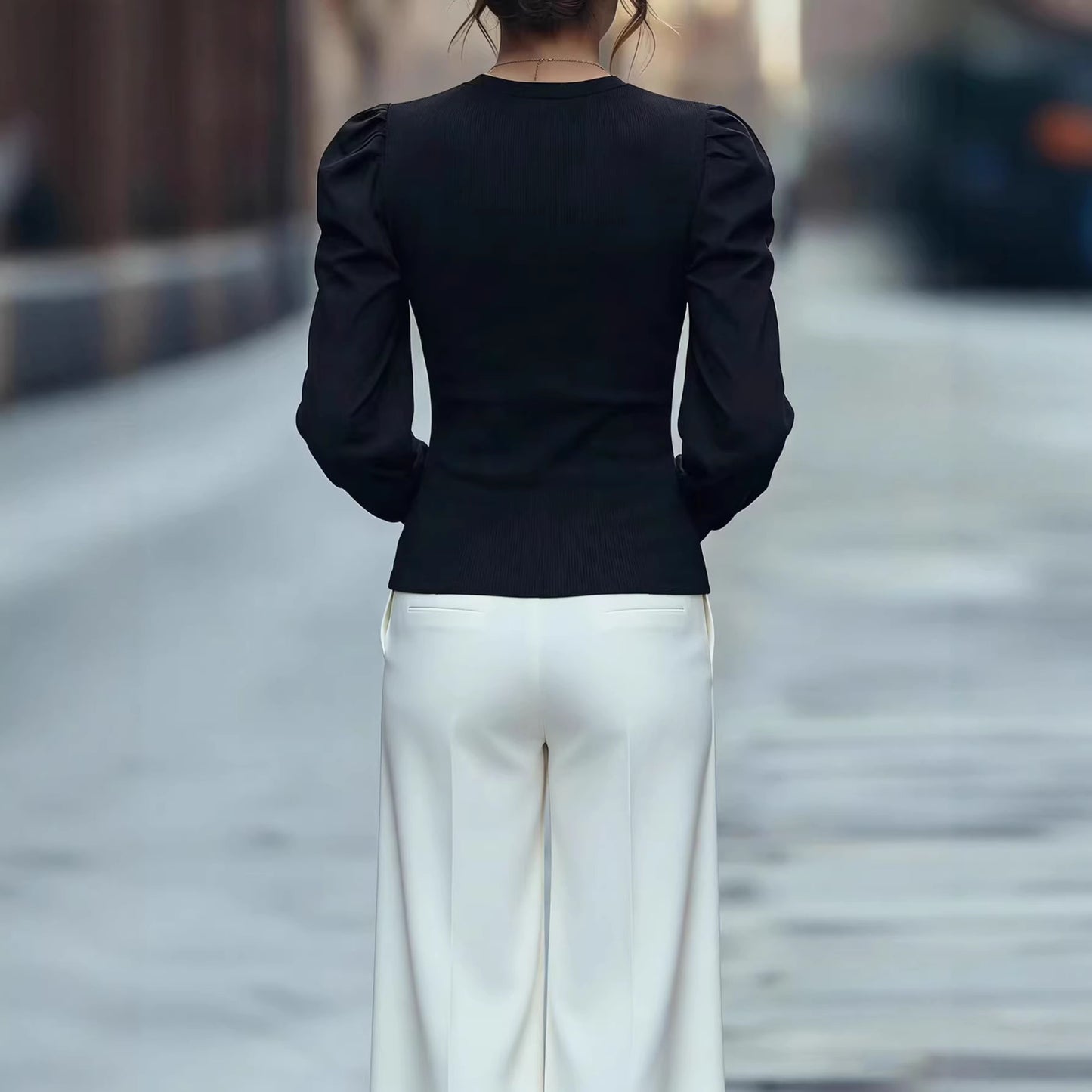 Puff-sleeve Knitted Top A Slim-fit Long-sleeved French-style Workwear Base Layer