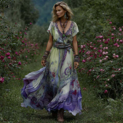 New Womens Loose-fit Printed Split Dress