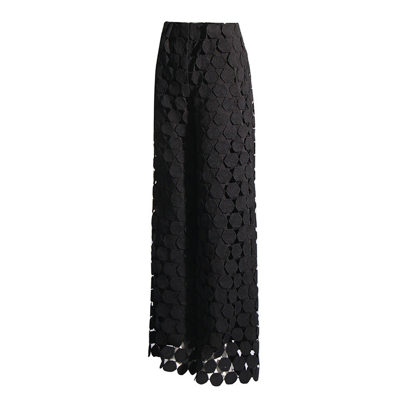 Fashionable Elegant Round Design Tassel Hollow-out Embroidered High Waist Wide-leg Pants