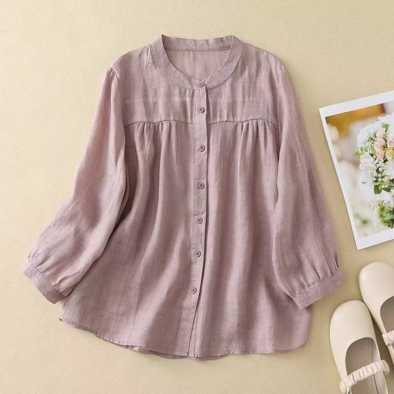 Casual Relaxed-fit Artistic Three-quarter-length Solid-color Shirt