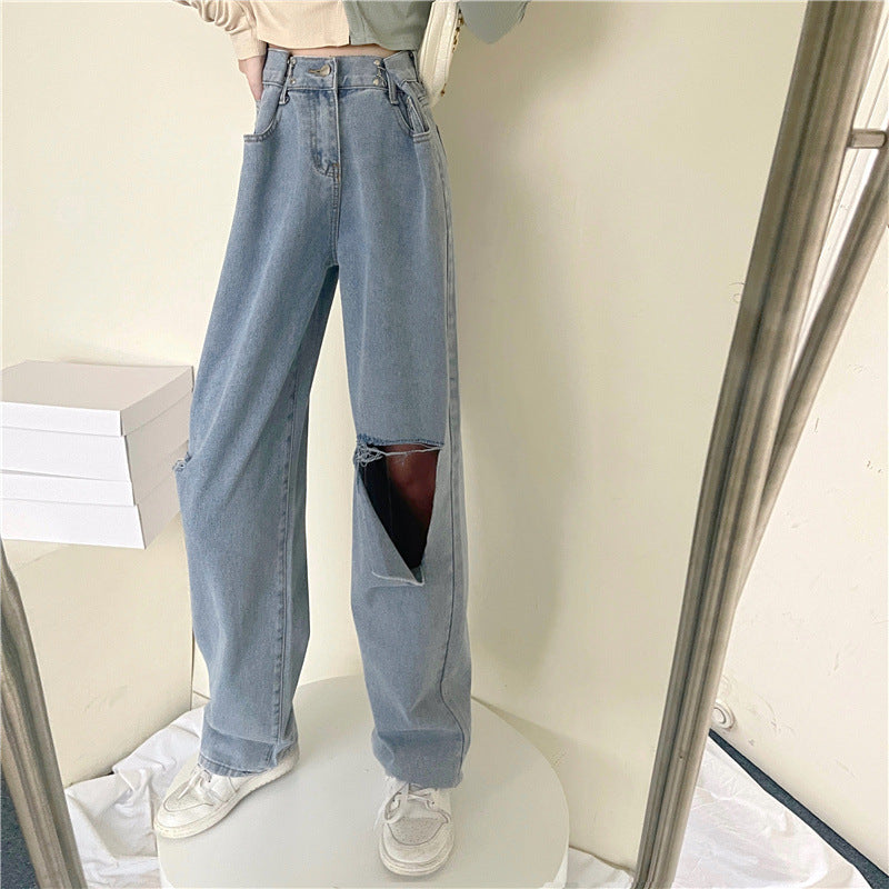 Ripped Jeans med Lige Pasform, Høj Talje og Løs Pasform, Flatterende