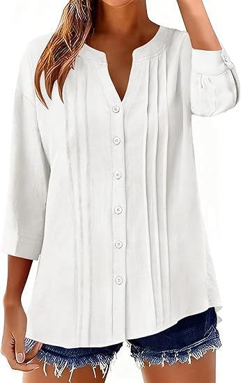 Pleated Casual Solid-Color Loose Cotton-Linen Shirt