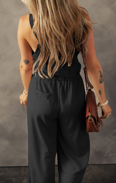 Pale Khaki Knotted Straps Button Textured Drawstring Jumpsuit