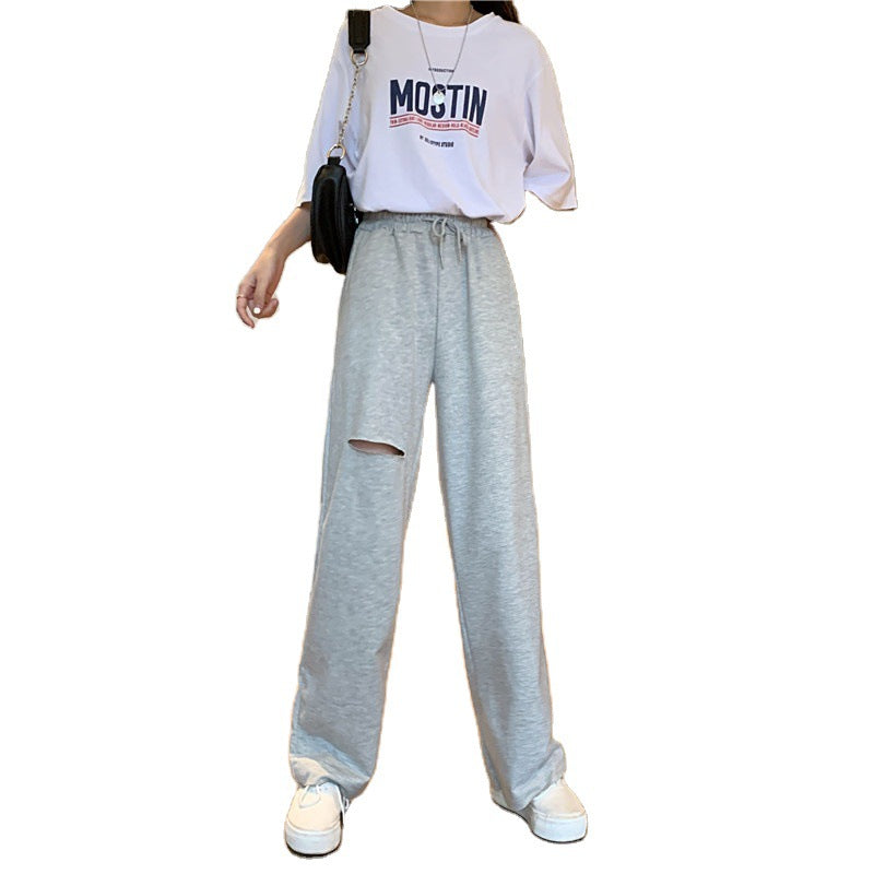 Women's Relaxed-fit Drawstring Design Distressed Wide-leg Trousers