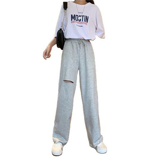 Women's Relaxed-fit Drawstring Design Distressed Wide-leg Trousers