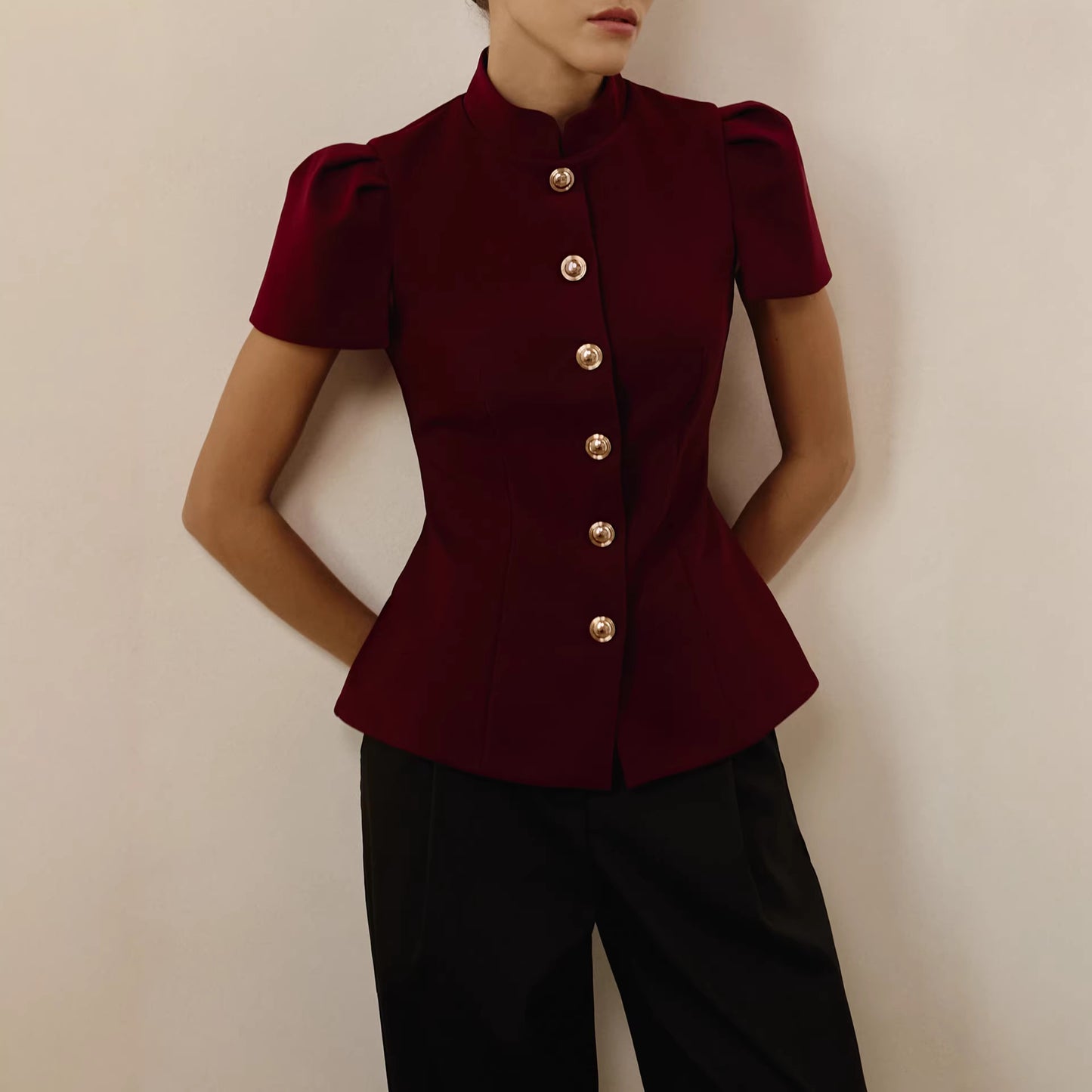 Women's Elegant Stand Collar Lantern Short Sleeves