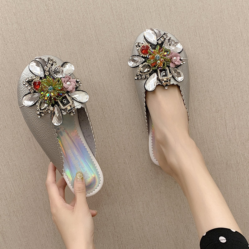 Fashion Women's Pearl Rhinestone Toe Half Slippers